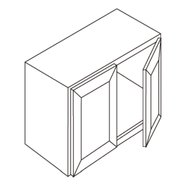 Isometric drawing of a cabinet with two open doors.